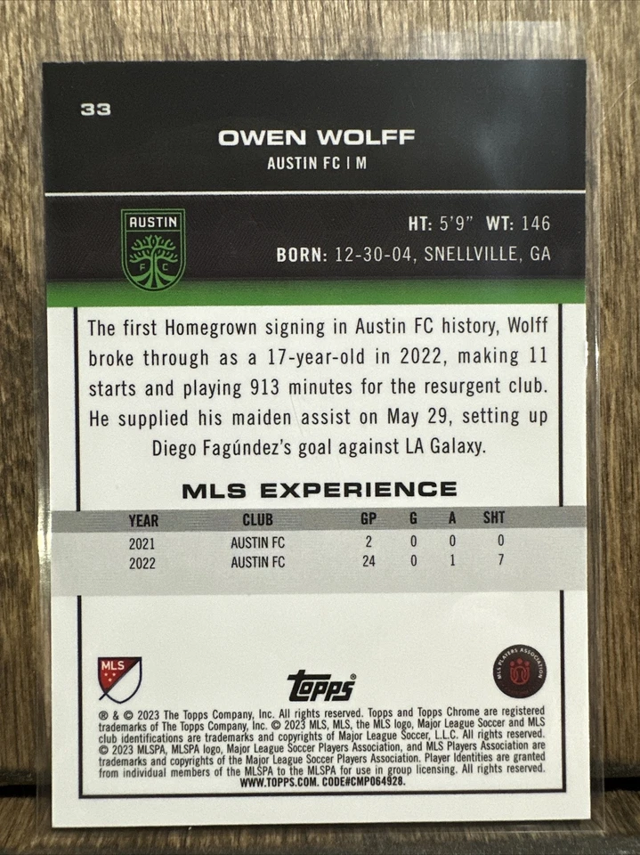 2023 MLS Topps Chrome Owen Wolff RC Gold Refractor 45/50 Austin FC Rookie - Image 2 of 2