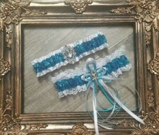 Set of 2 Gorgeous Glitter Turquoise And White Wedding Prom Bridal Garter Belts