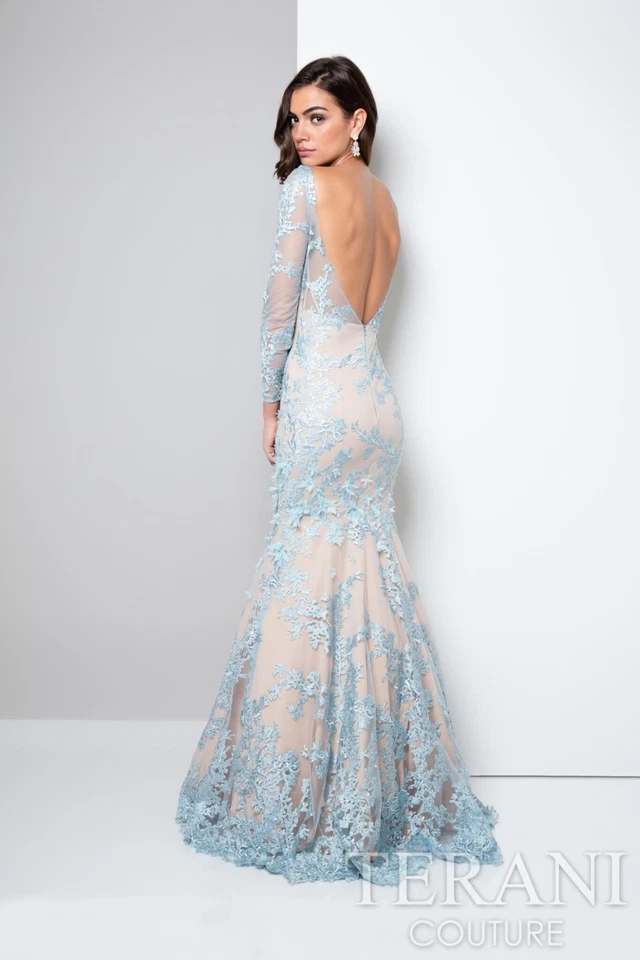 TERANI COUTURE синий голая бисером кружева длинным рукавом русалки платье 16 = XL 1711GL3530 - Изображение 2 из 4