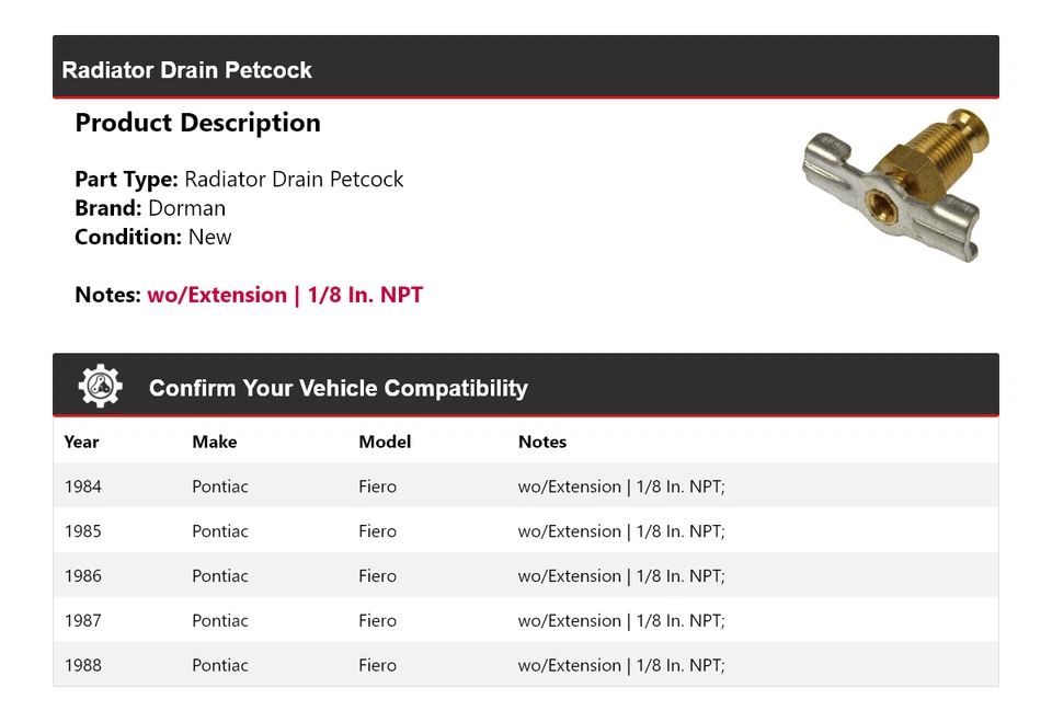 Для 1984-1988 Pontiac Fiero Dorman сливной кран радиатора 1985 1986 1987 - Изображение 2 из 4