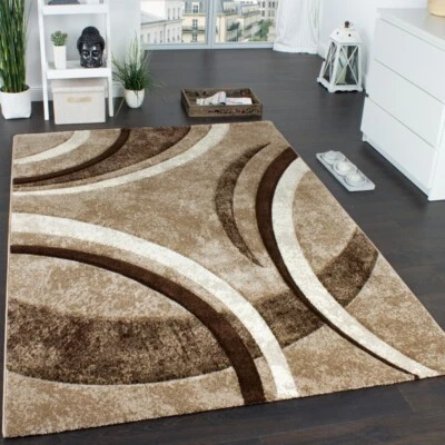 Designer Teppich mit Konturenschnitt Muster Gestreift Braun Beige Creme Meliert - Bild 1 von 4