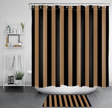 Modern Geometric Black Striped on Brown Shower Curtain Bathroom Accessories Set