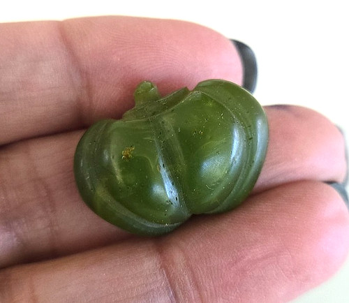 Vintage Green Bakelite Carved Pumpkin Button 1-1/16" Long