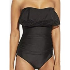 Kona Sol Swimsuit Black One Piece Ruched Crochet Flounce Ruffle Medium NWT