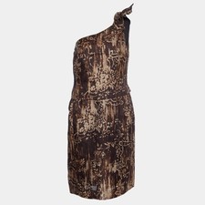 Oscar de la Renta Brown Printed Silk One Shoulder Dress M