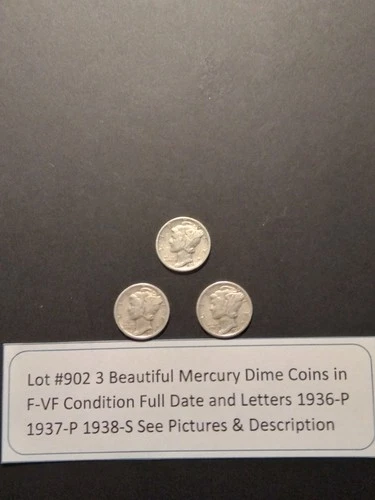Lot #902 3  Beautiful US Mercury Dimes 1936-P 1937-P 1938-S F-VF See Pictures