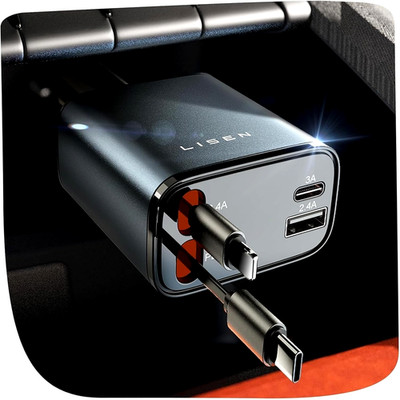LISEN 69W Retractable USB-C Car Charger Fast Charging Adapter for iPhone 16 / 15