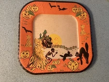 VTG Halloween 8.5” Paper Plate W/Haunted House, Black Cats, Skeleton, Bats & JOL