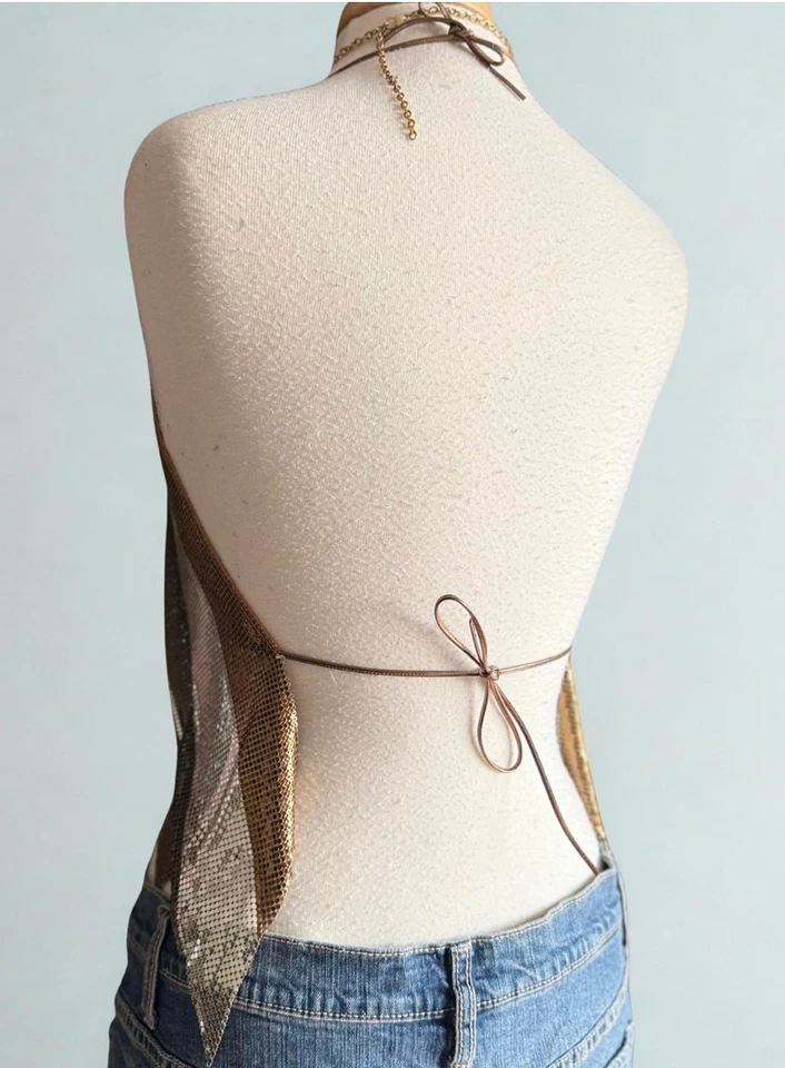 De Colección Whiting & Davis METAL MESH Gunmetal Plata Bronce CHEVRON Halter Top DISCO Foto 3 de 4