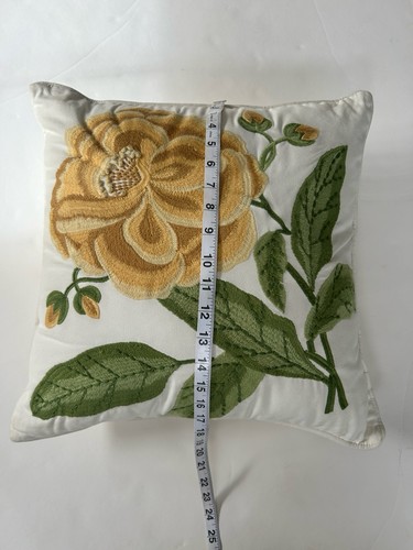 Pier 1 Imports Embroidered Yellow Floral Bloom Pillow Rose Flower 18" x 18" - Picture 7 of 8
