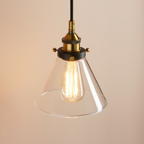 VINTAGE INDUSTRIAL CLEAR GLASS FUNNEL SHADE LAMP CEILING PENDANT LIGHT FIXTURE - Picture 7 of 23
