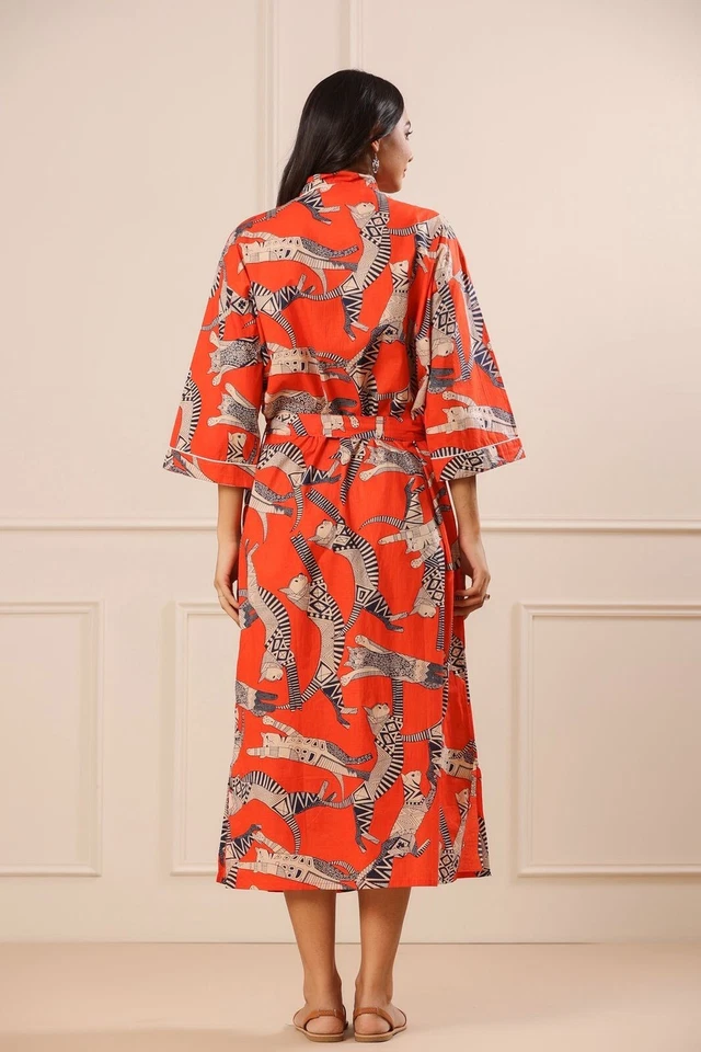 Индийский красный хлопок Cat напечатано кимоно халаты ночь макси платье кимоно халат США - Изображение 2 из 4