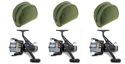 3 x Lineaeffe FreeCarp Freespool Carp Runner Fishing Reels with Line + Cases  