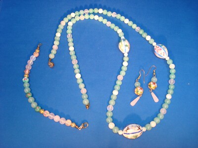 Hand Crafted Green Aventurine, Rose Quartz, Mother of Pearl, Ceramic , Necklace 