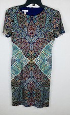 London Times Dress Womens 4 Multicolor Sheath Short Sleeve Lined Paisley Stretch