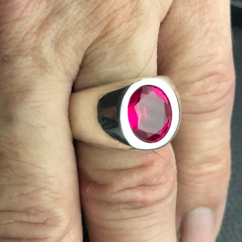 MJG STERLING SILVER BEZEL RING. 10 x 12mm Faceted Lab Ruby. SZ 9 1/2 - Picture 6 of 7