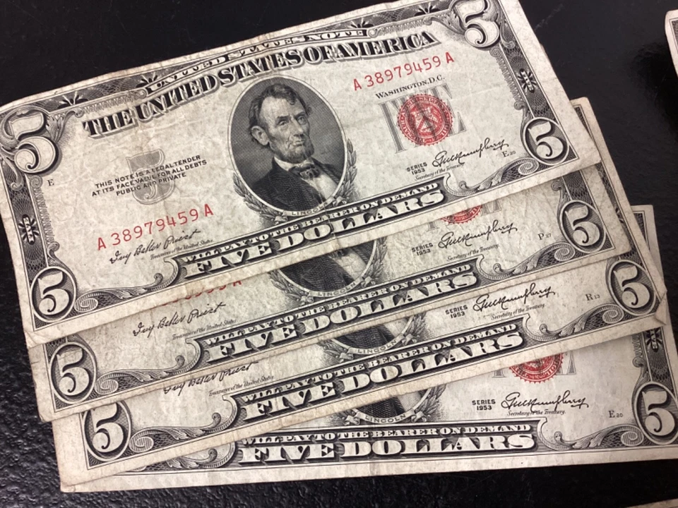 (Lot of 50) 1953-1963 $5 Legal Tender United States Red Seal Notes - Circulated - Image 2 of 4