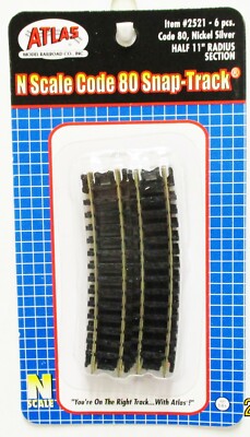 N Scale Atlas 2521 Code 80 11'' Radius Half Curve Snap-Track pkg (6)