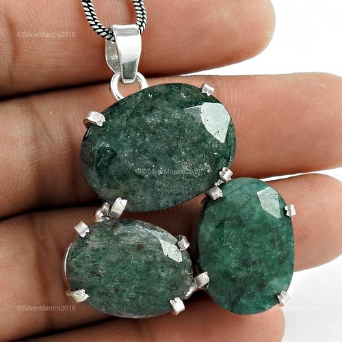 Pendentif Argent Sterling 925 émeraude Sculptée (synthétique) Et Saphir (zircone) - Jovaa