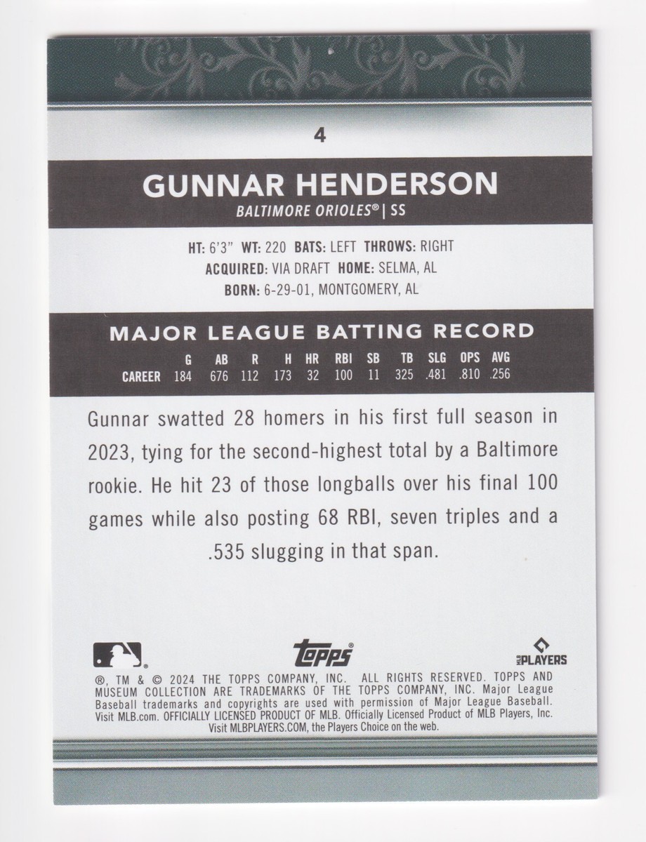 2024 Topps Museum Collection #4 GUNNAR HENDERSON Baltimore Orioles