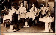RPPC Postcard Early Barbershop Handsome Barbers Men Mirror Shave 1904-1920s JF9