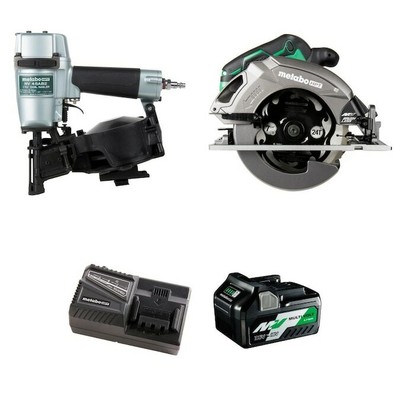 Metabo HPT 15-Degree Pneumatic Roofing Nailer, Circular Saw Combo with Batteries