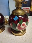 Vintage Pair Ruby Red Bottom Globe Glass Hand Painted Rose Table Lamps MCM PARTS — photo 3
