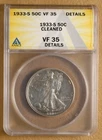 1933 S Walking Liberty Half Dollar ANACS VF 35 Details
