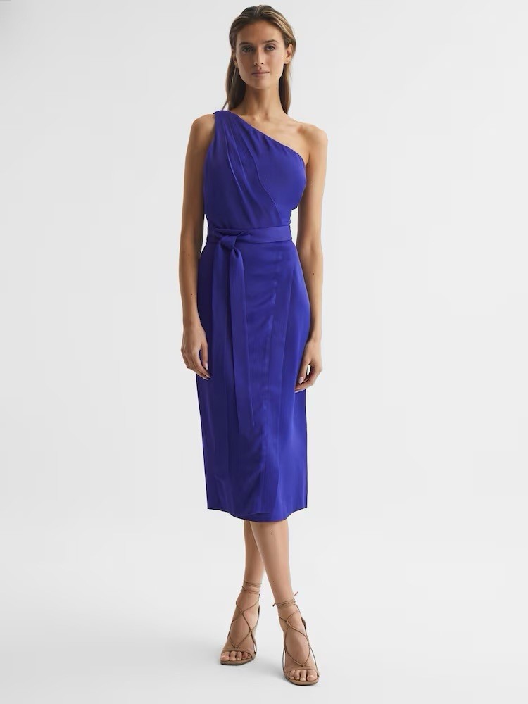 Reiss Purple Satin One Shoulder Midi Dress – Wedding Guest / Formal (UK 8)