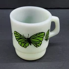 Vtg MCM Milk Glass Green Butterfly Coffee Mug Anchor Hocking USA