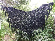 Beau Châle noir Femme Fait main au Crochet  Ajouré Franges Vintage