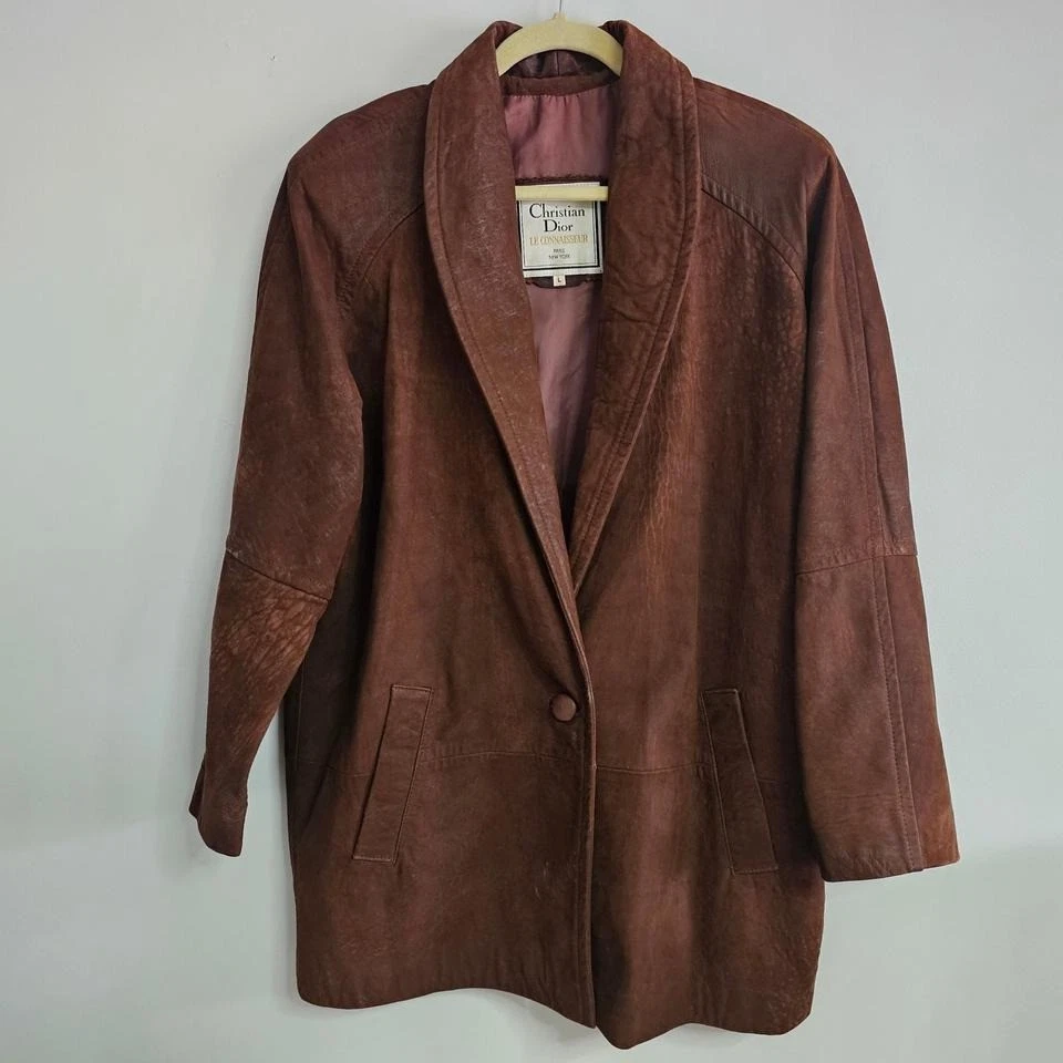 Dior — Vintage Christian Dior Leather Jacket Mens L Brown Blazer Coat 80s 90s Retro