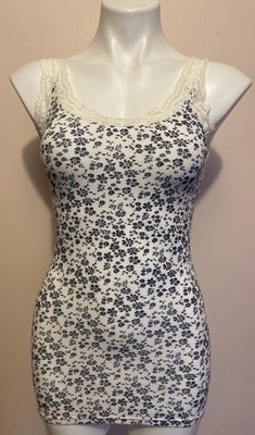 VTG Old Navy Long Tank Top Cami Ribbed  Lace Trim Blue White Floral S