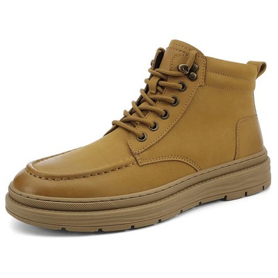 Men's Work Safety Boots, Outdoor Hiking Leather, Medium High Top Lace Up Shoes