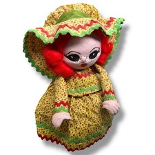 Handmade Paper Mache 13" Redhead Doll 1975 Dated W/ Dress Gown & Bonnet Sun Hat