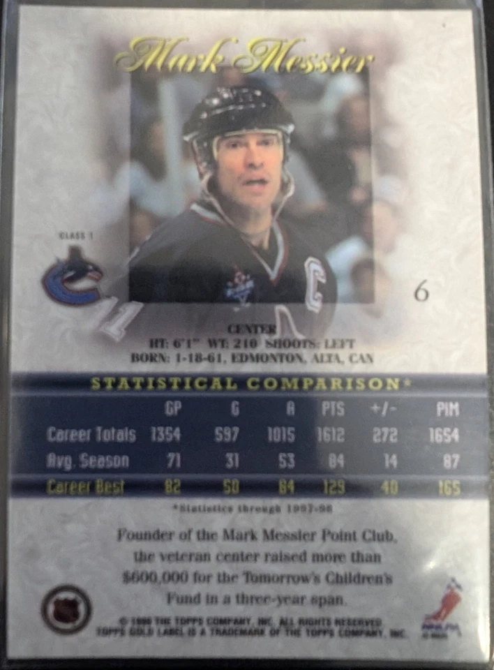 1998-99 TOPPS GOLD LABEL BLACK VARIANT #6 MARK MESSIER VANCOUVER CANUCKS MINT! - Image 2 of 2