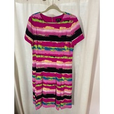 Tahari Painterly Abstract Striped Dress Vibrant Pleated Size 12 Short Sleeve EUC
