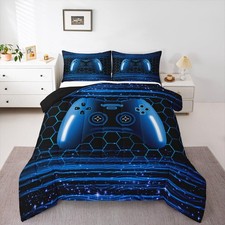 Gamer Full Comforter Sets for Boys 3D Indigo Blue Gaming Bedding Set for Kids...