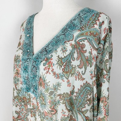 Y2K Venezia Paisley Beaded Semi-Sheer Top Boho Festival Size 22/24 Women's