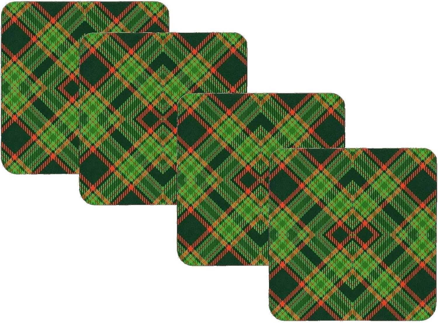 Green Tartan Plaid Cork Coasters, Square, 9.5 x 9.5 Centimetres, Set of 4