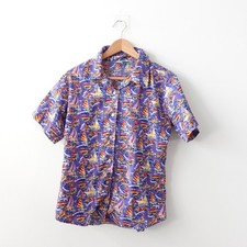 Vintage Tropical Shirt Large Blue Hawaiian Camp Boat Wooden Surf Sailboat 90s