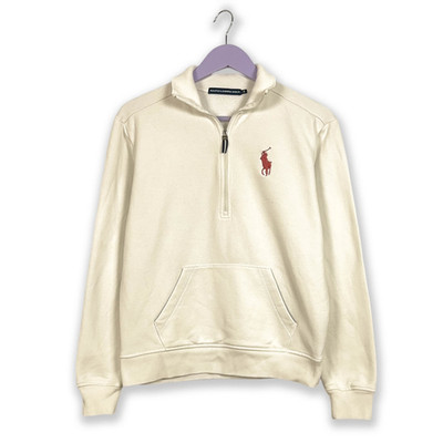 Ralph Lauren Sweatshirt weiß mit halbem Reißverschluss und bordeauxfarbenem Logo - Größe S Herren