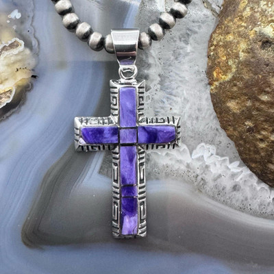 Native American Sterling Silver Inlay Charoite Decorated Cross Unisex Pendant