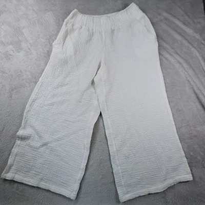 C&C California Gauze Crop Pants Womens Large White Cotton Smocked Waist Wide Leg - Image 1 of 4