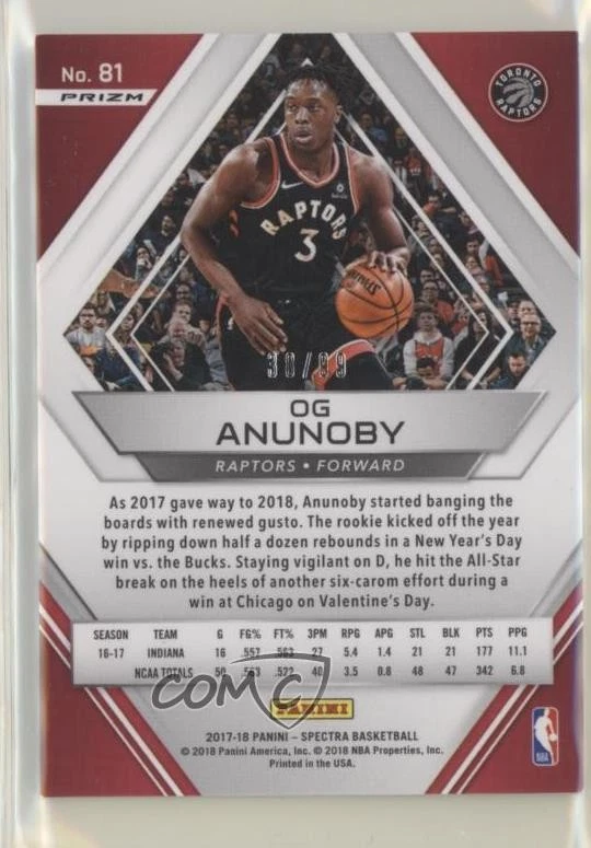 2017-18 Panini Spectra Neon Blue Prizm /99 OG Anunoby #81 Rookie RC - Image 2 of 2