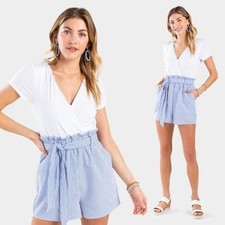 Harper Heritage Romper Womens Small Blue White Seersucker Paperbag Coastal Chic