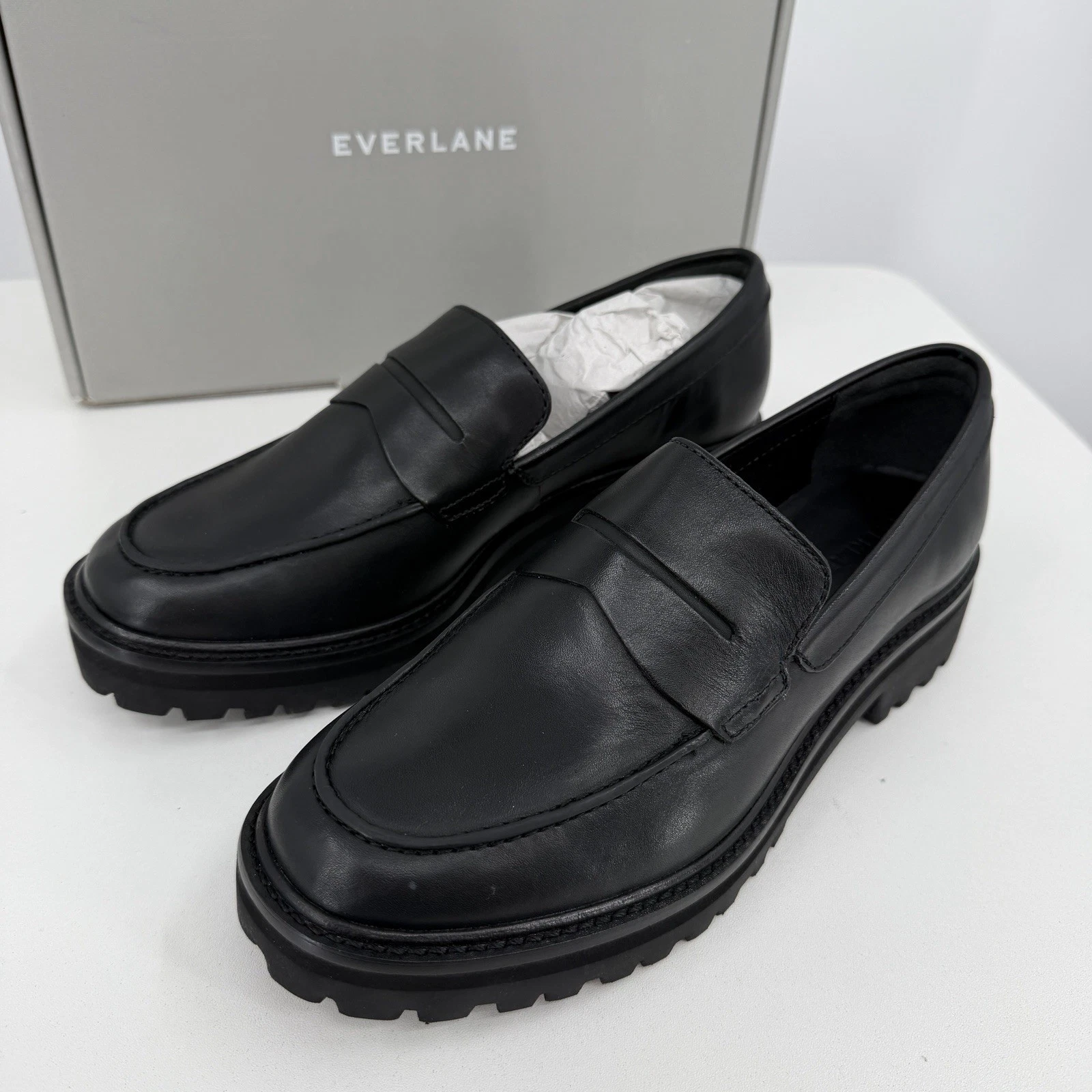 Everlane The Lug Loafer in Black Leather size 7.5 Women's Chunky Heel