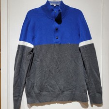 Mens Express 2 Tone Button Up Knitted Crew Neck Sweater Blue Grey Size XL Nwt