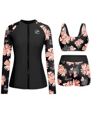 Orange Floral Long Sleeve Swimsuits for Women - 3 Piece Rash Guard with Short...