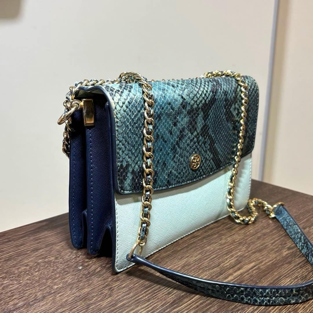 Tory Burch Shoulder Bag Python Pattern Chain Blue… - image 2